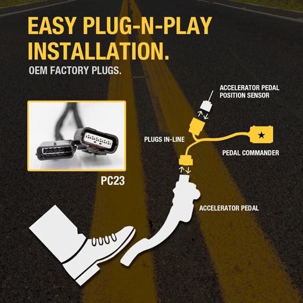 Merchant Pedal Commander PC23 has an easy plug-n-play installation between your accelerator pedal sensor and accelerator pedal